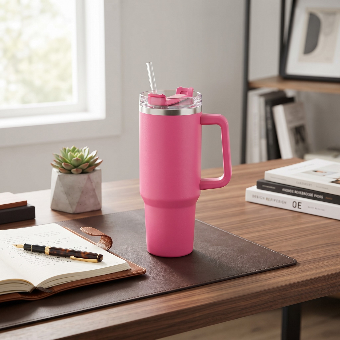 40 Oz Stainless Steel Tumbler with Handle & Straw - Hot Pink