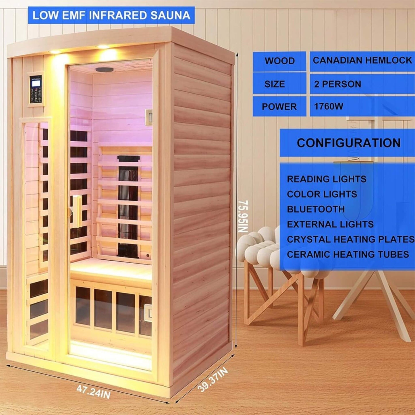Thermora Premium 2-Person Low EMF FAR-Infrared Heat Wood Home Personal Spa Sauna With Ceramic Heaters, 1760W (SAK25714)