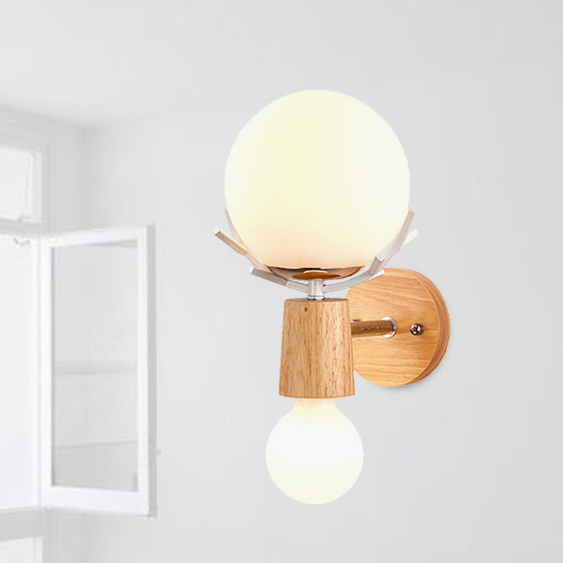 DecorBites™ Rustic Wood Wall Lamp with Antler Accents - White Globe Sconce Light for Stairways