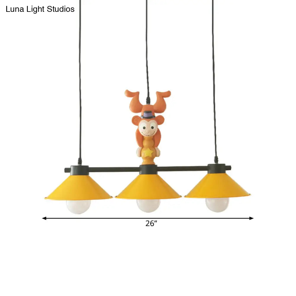 DecorBites™ 3-Head Yellow Cone Pendant Lamp with Monkey Décor for Island Lighting