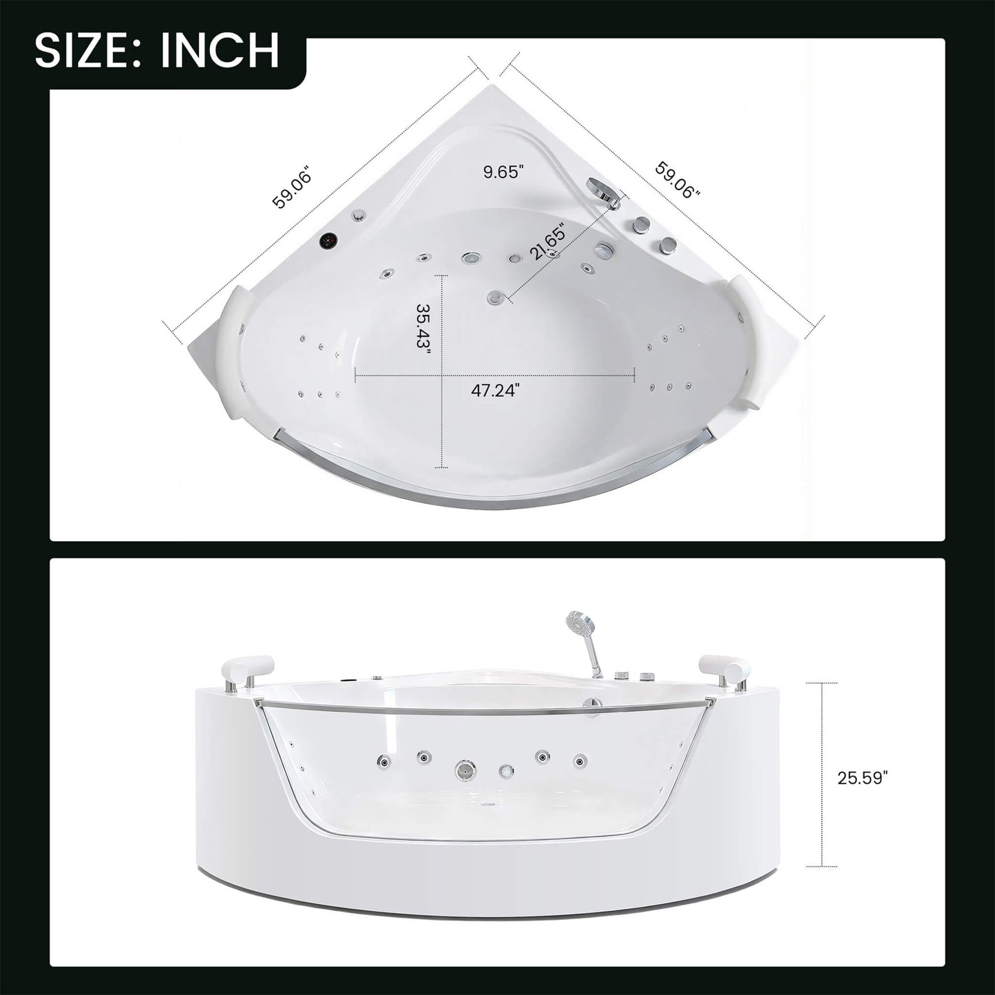 Nuvia Serenity 59-Inch 2-Person Acrylic Corner Whirlpool 16-Jet Hydro Massage Bathtub With Heater Rainbow Light (SAK12058)