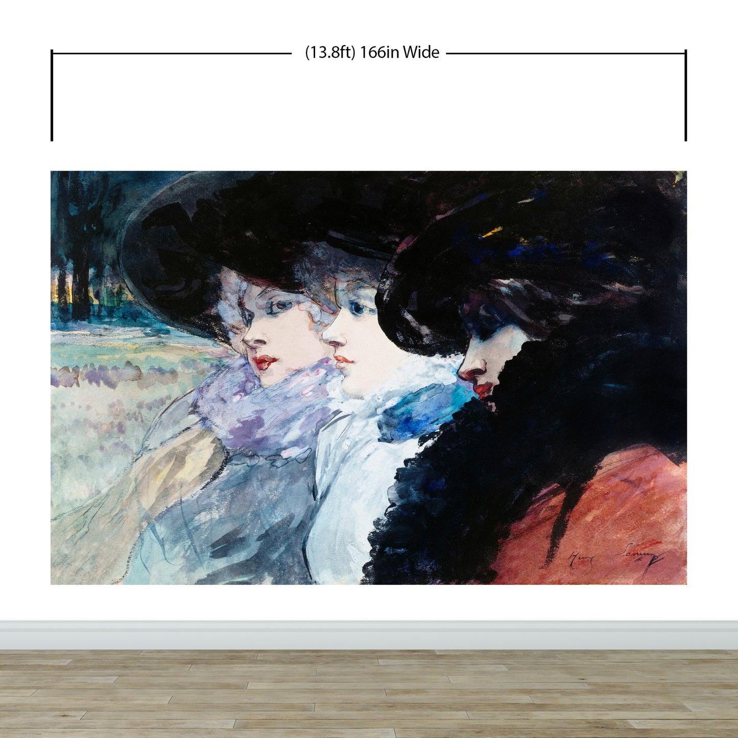 Vintage Painting, Three Women in Profile by Artist Henry Somm. Large Wall Mural / Peel and Stick Wallpaper. #6338