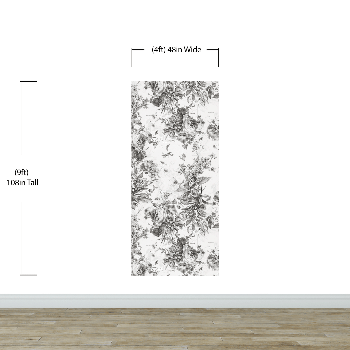 Vintage Flower Pattern Illustration Wall Mural. Black and White Peel and Stick Wallpaper. #6443