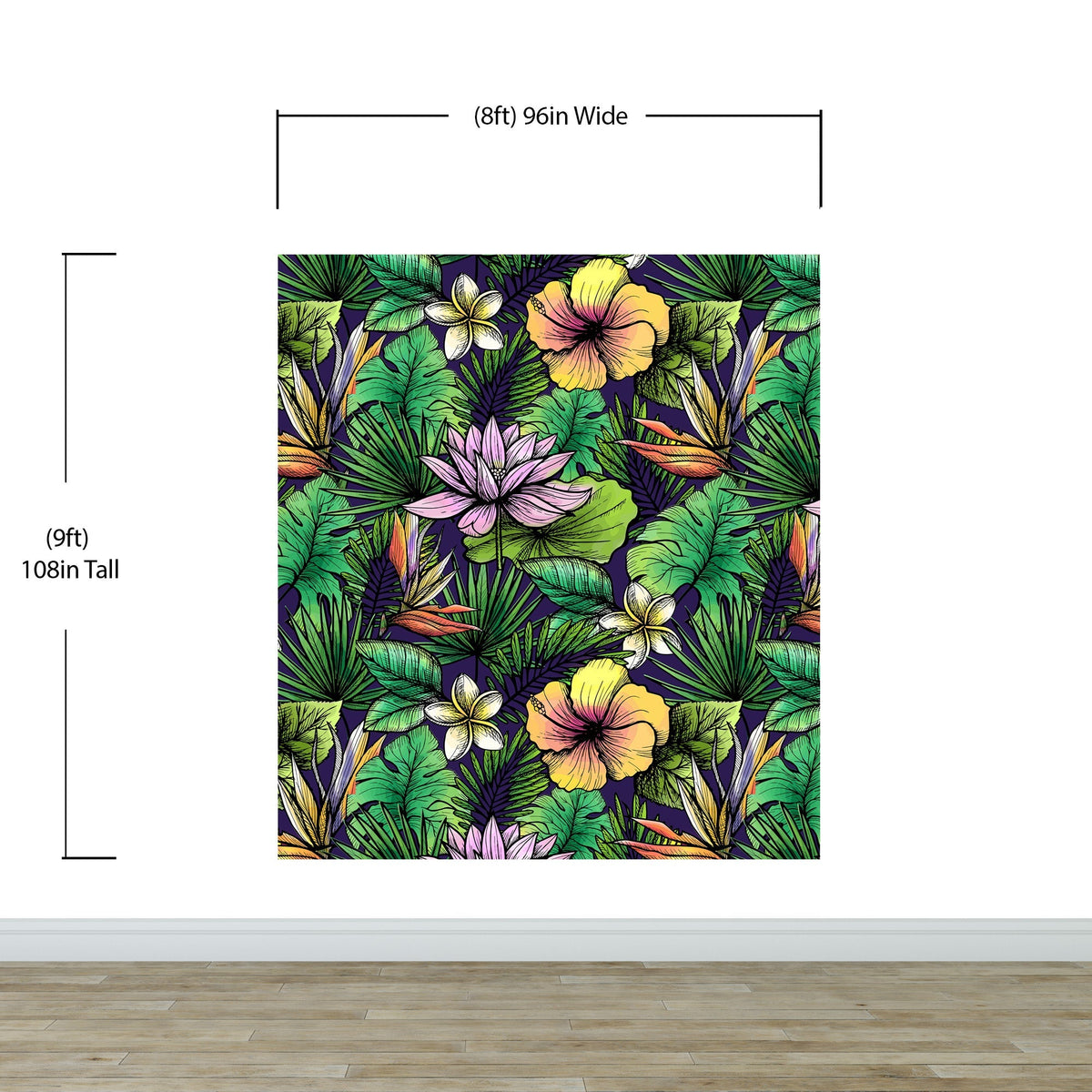 Tropical Flower Wallpaper Peel and Stick Colorful Wildflower Mural. Green Flowers and Palm Tree Leaves Design. #6569