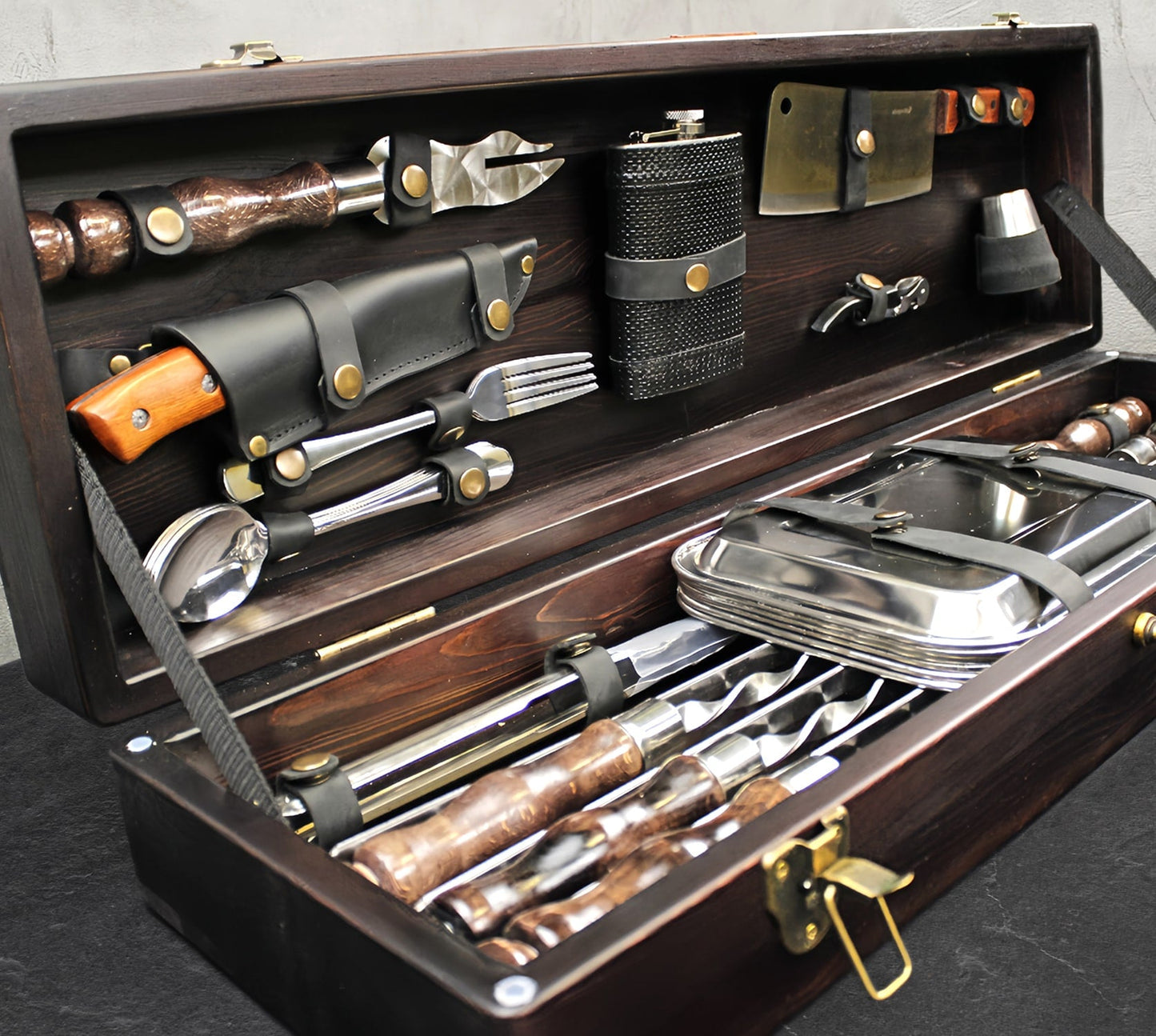 “Wild Boar" Camping Accessories BBQ Skewers Set in a Wooden Case, 37 items