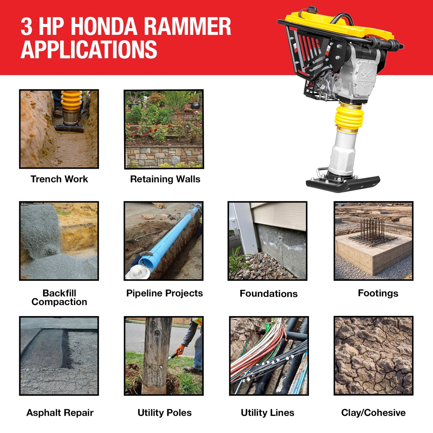 3 HP Honda Vibratory Rammer Tamper with Honda GX100 Engine 3350 lbs/ft