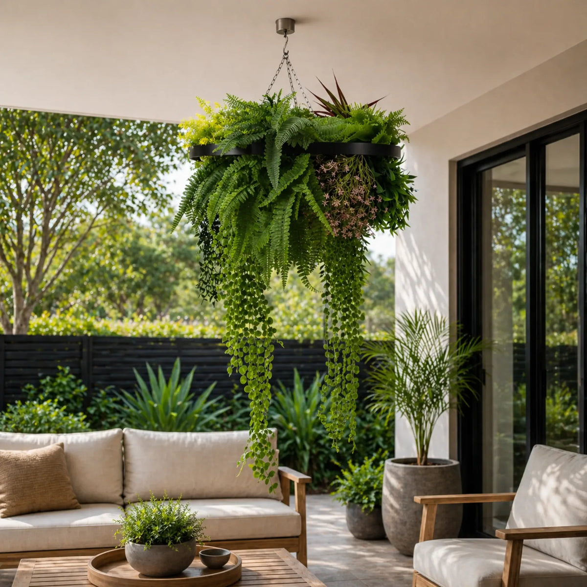 Artificial Hanging Plant Chandelier – Tropical Foliage Circular Ring (24.8in long) Black Frame – UV Resistant