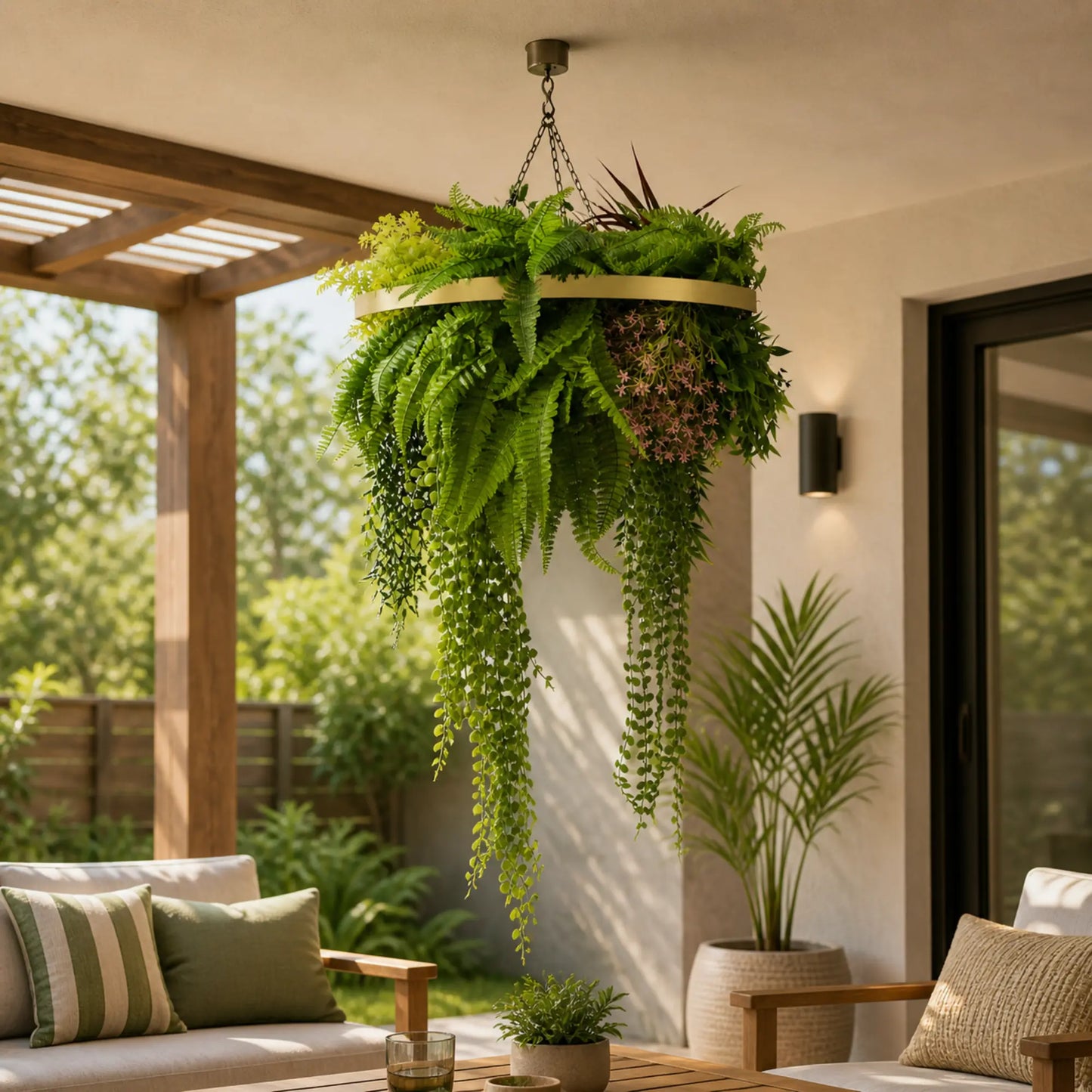 Artificial Hanging Plant Chandelier – Tropical Foliage Circular Ring (24.8in long) Gold Frame – UV Resistant