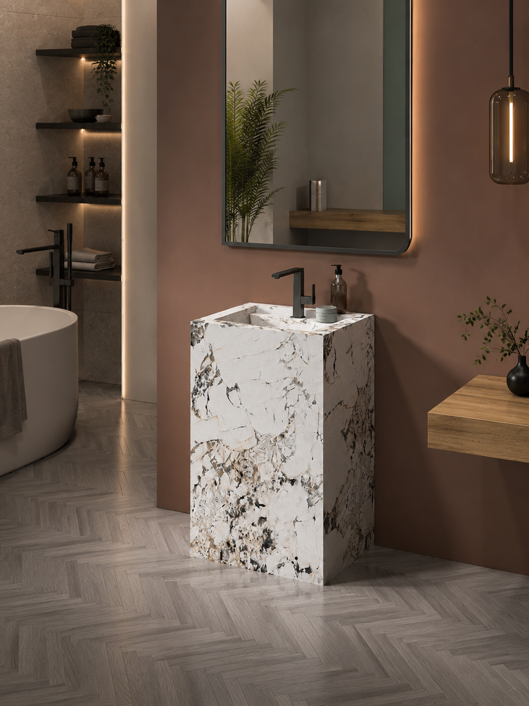 Acura Grey Luxury Marble-Look Engineered Stone Stand-alone Pedestal Bathroom Sink, Tiered Monolithic Design – NACS Collection