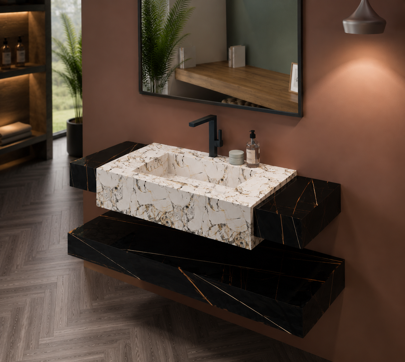 Acura Grey Luxury Marble-Look Wall-Mount Bathroom Sink, Dual-Tier Floating Vanity & Shelf Set – NACS Collection