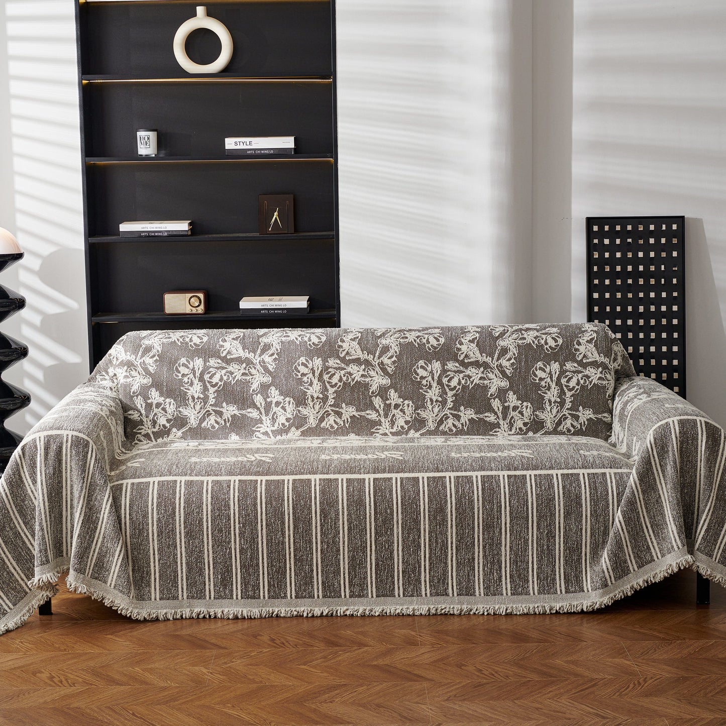 Chenille Striped Floral Couch Cover Sofa Slipcover for Most Shape Sofas, Reversible Sofa Throw Cover