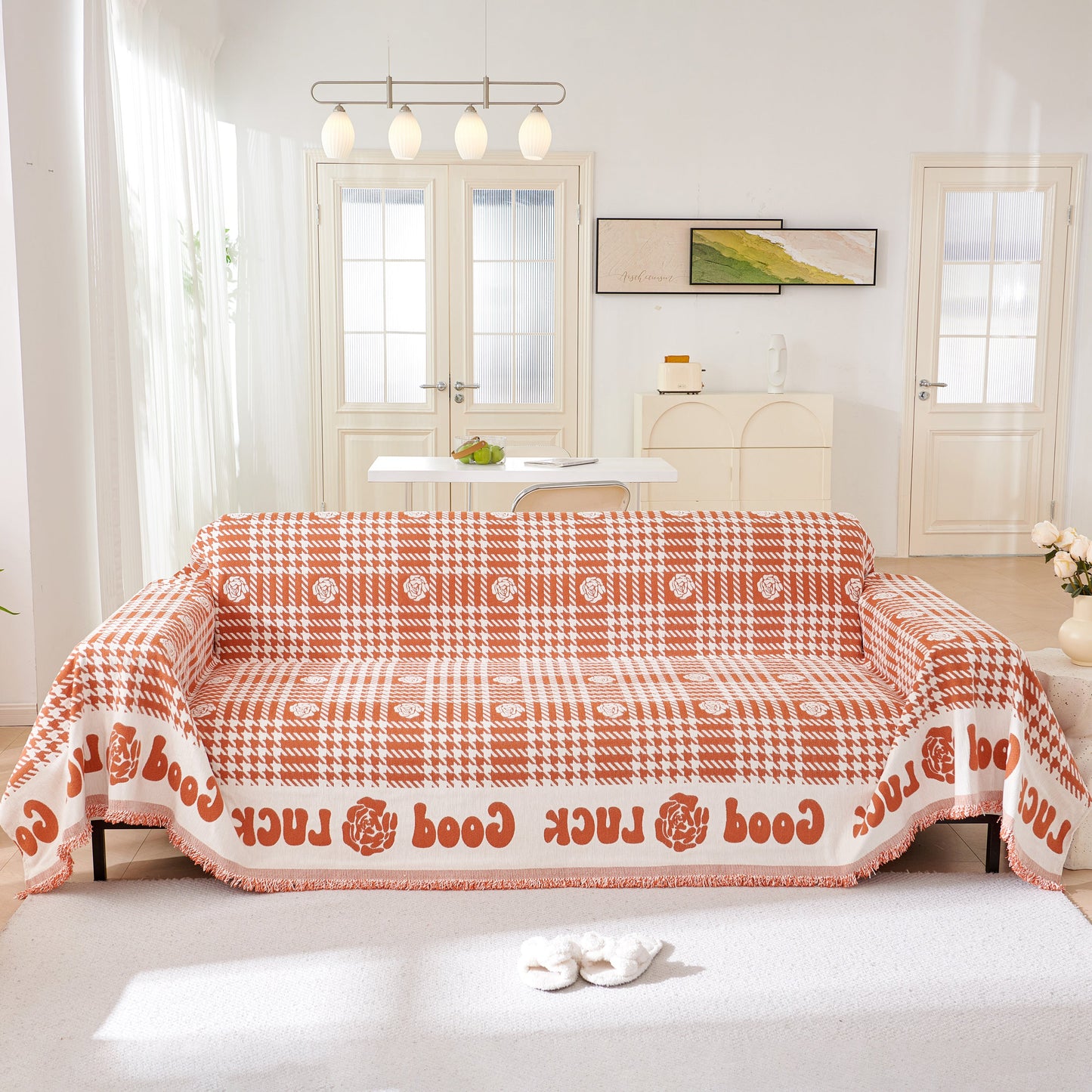 Chenille Houndstooth Sofa Throw Cover, Scratch Proof Cozy Throw Blankets for Couch