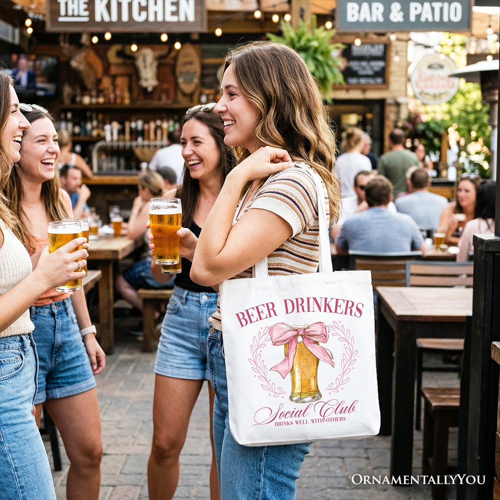 Beer Drinkers Social Club Tote Bag, Coquette Pink Bow Gift Shopper for Girly Summer Bachelorette Vibes