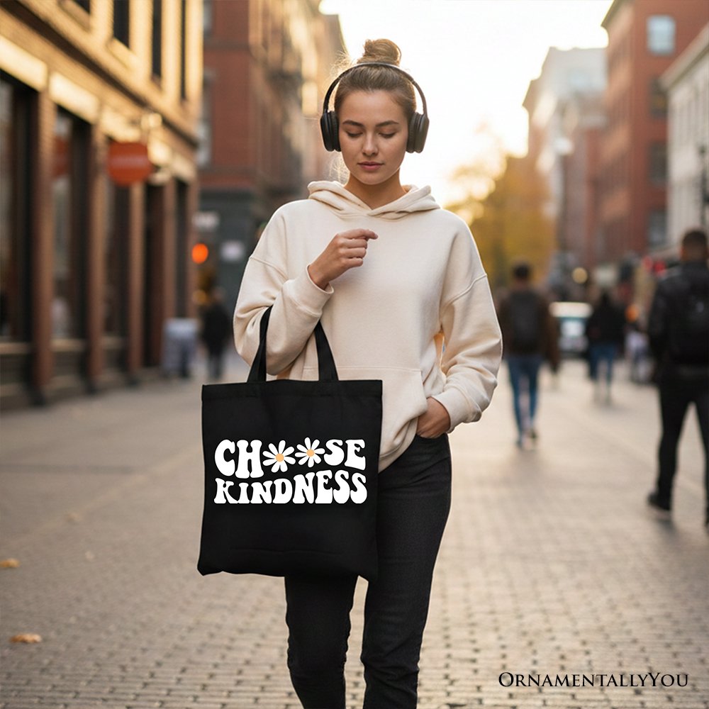 Choose Kindness Daisies Tote Bag, Retro Groovy Positive Quote Gift Shopper