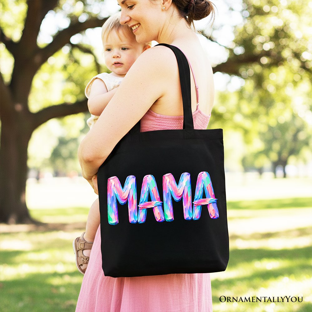 Mama Brushstroke Tote Bag, Printed Faux Oil Paint Colorful Trendy Mom Gift Shopper