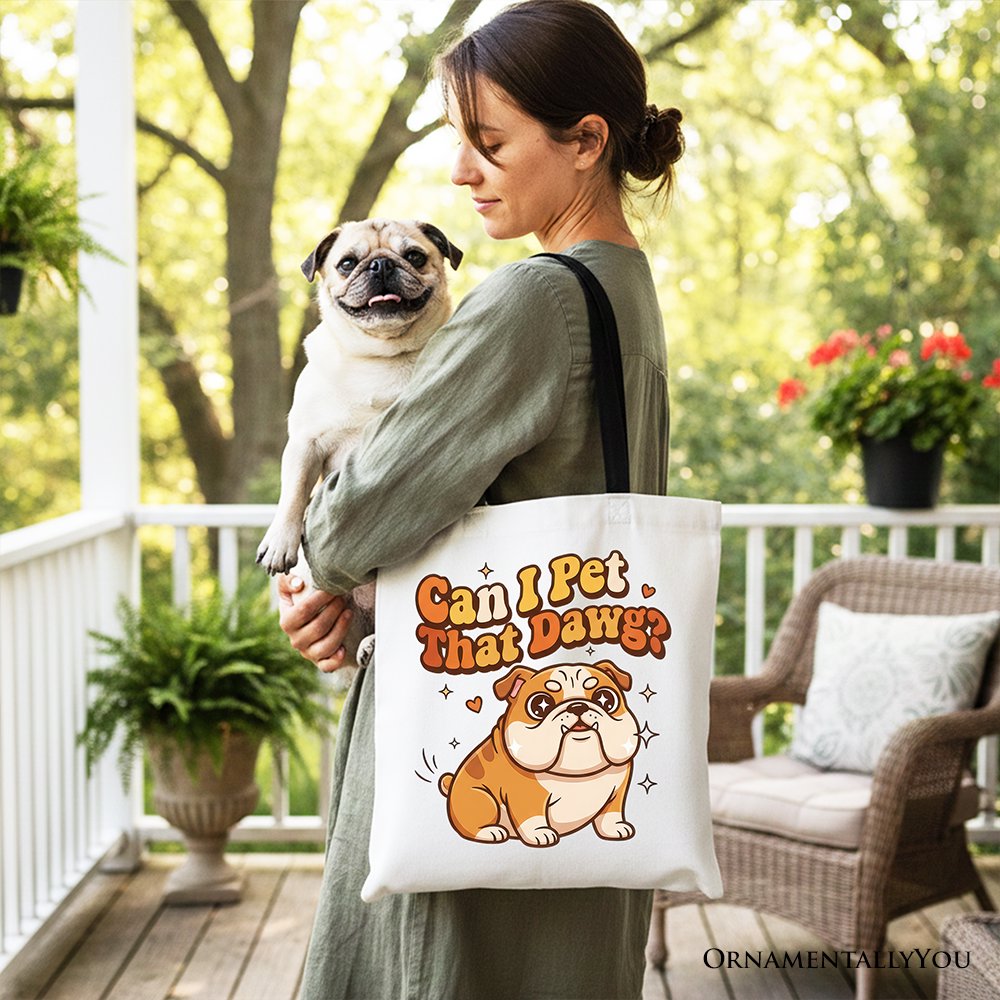 Can I Pet That Dawg Bulldog Retro Tote Bag, Cute Funny Dog Lover Gift Shopper