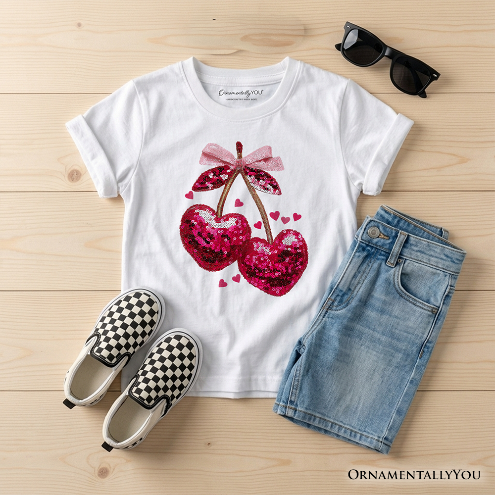 Kids Sequin Pink Cherry Heart Valentine T-Shirt, Mood for Love Coquette Tee for Youth Girls
