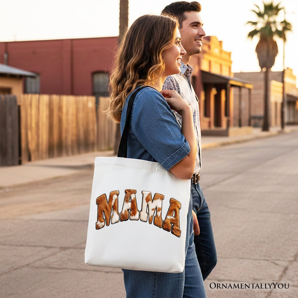 Cow Print Mama Western Tote Bag, Faux Cowhide Mom Gift Shopper