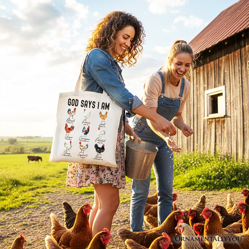 God Says I Am Christian Tote Bag, Rooster and Chicken Gift Shopper for Farm Style Lovers