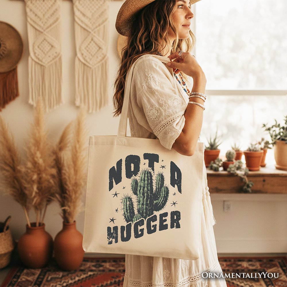 Not a Hugger Tote Bag With Cactus, Funny Retro Gift Shopper for Sarcastic Girls