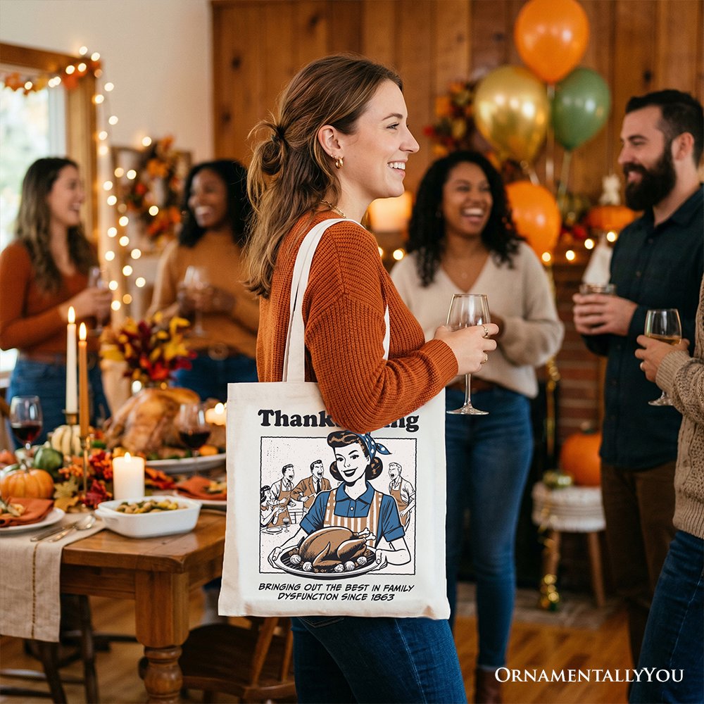 Thanksgiving Family Dysfunction Retro Tote Bag, Funny Holiday Humor Gift Shopper for Sarcastic Families