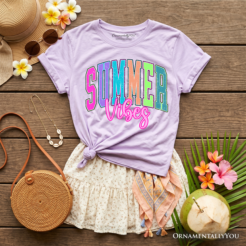 Kids Summer Vibes Neon Varsity T-Shirt, Retro Beach Tee for Youth