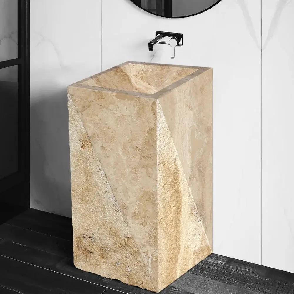 Honed Gold Travertine Rectangular Bathroom Pedestal Sink 14x21