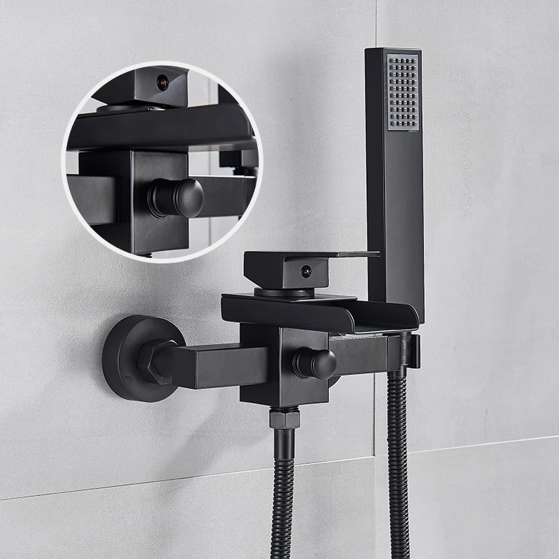 DecorBites™ Black Wall Mount Bathtub Shower Faucet with Waterfall Spout