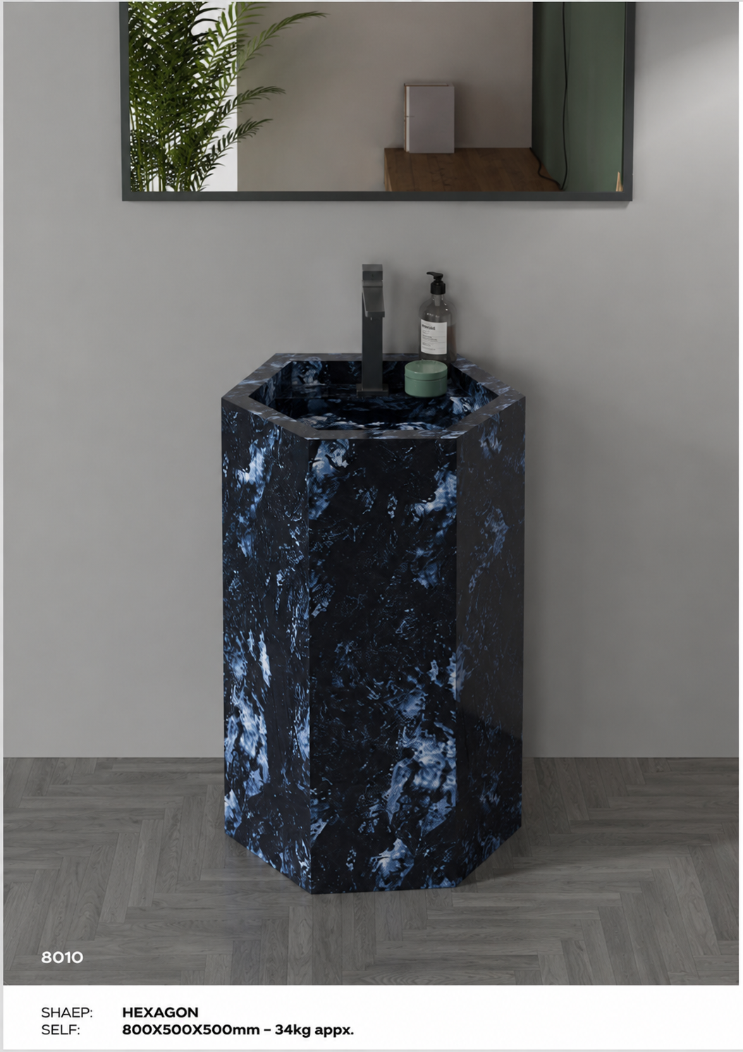 Luxury Blue Bressa Hexagonal Solid Surface Freestanding Sink, Modern 6-Sided Pedestal Column – NACS Collection