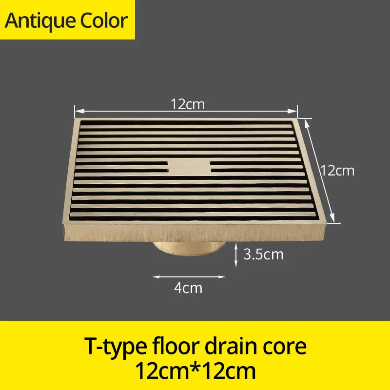 DecorBites™ Antique Brass Square Bath Drain Strainer Hair Art Carved Floor Grate Drain