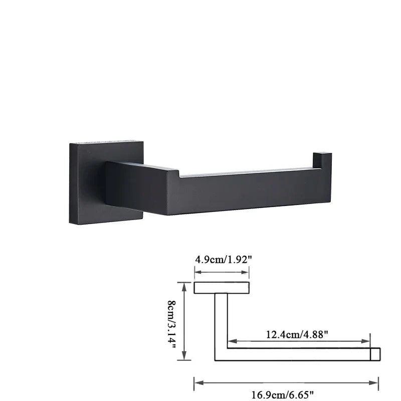 DecorBites™ Black Bathroom Accessories Set: Robe Hook, Towel Rail, Shelf, Tissue Holder