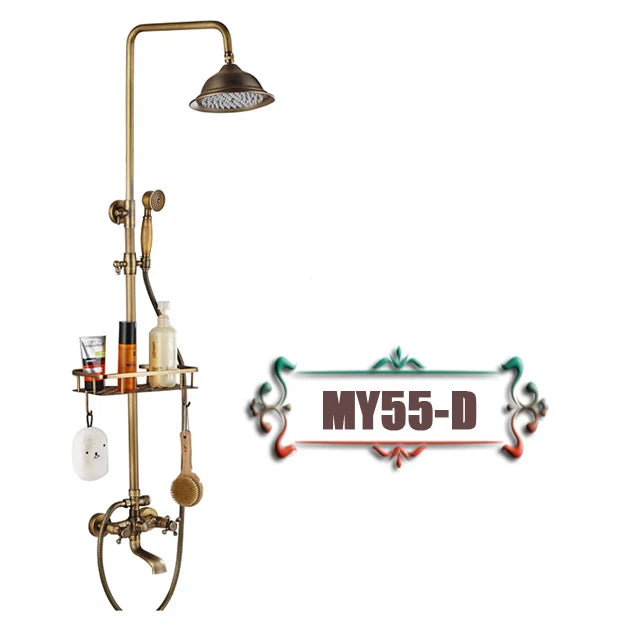 DecorBites™ Antique Brass Wall Mount Bathtub Shower Faucet Dual Handle Shelf Spout
