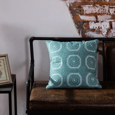 DecorBites™ Blue Geometric Embroidered Canvas Cotton Cushion Cover 45x45cm