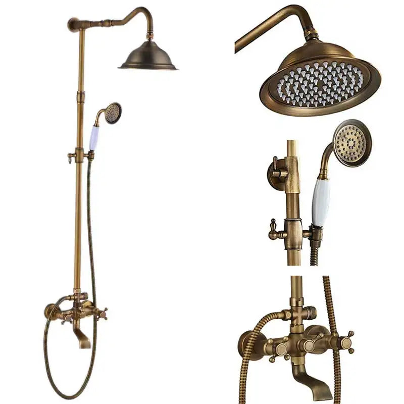 DecorBites™ Antique Brass Shower Faucet Set with Handheld Shower- 8" Rainfall Head