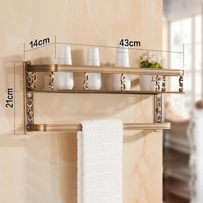 DecorBites™ Aluminum Bathroom Corner Shelf - 40cm Length, Antique Finish, Shower Room Basket