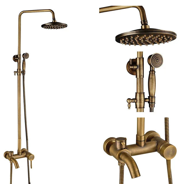 DecorBites™ Antique Brass Shower Faucet Set with 8'' Rainfall Head & Swivel Spray