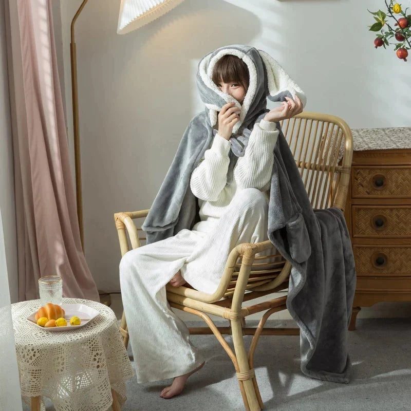 DecorBites™ Kawaii Rabbit Hooded Blanket: Coral Velvet Warm Throw Blanket for Adults and Kids