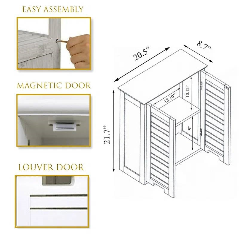 Wall-Mount Bathroom Storage Cabinet with Louver Doors in White Wood Finish
