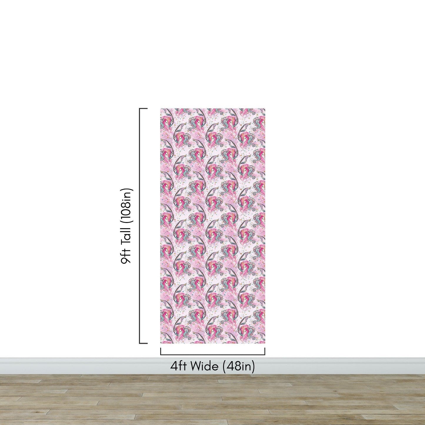 Pink Mermaid Wall Mural. Magical Cute Mermaid and Seahorse in Ocean Peel and Stick Wallpaper. #6371