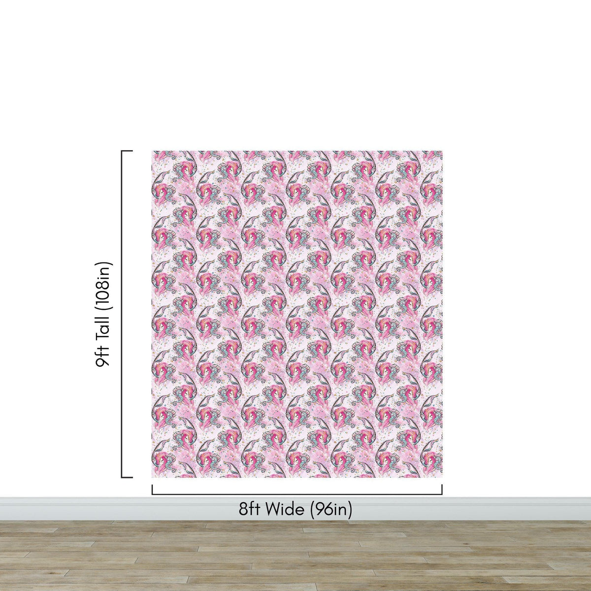 Pink Mermaid Wall Mural. Magical Cute Mermaid and Seahorse in Ocean Peel and Stick Wallpaper. #6371