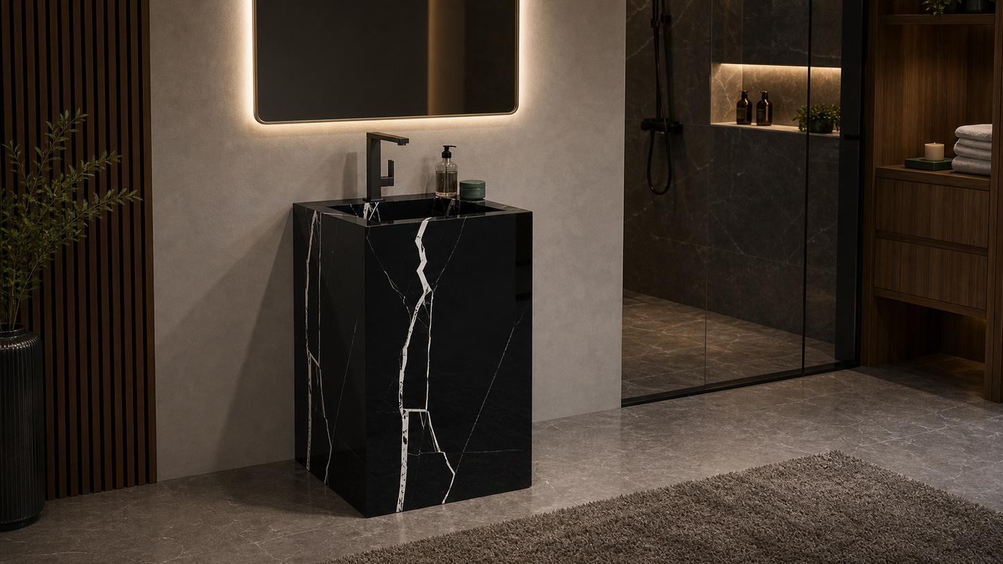Modern bathroom with a black marble sink and illuminated mirror.
