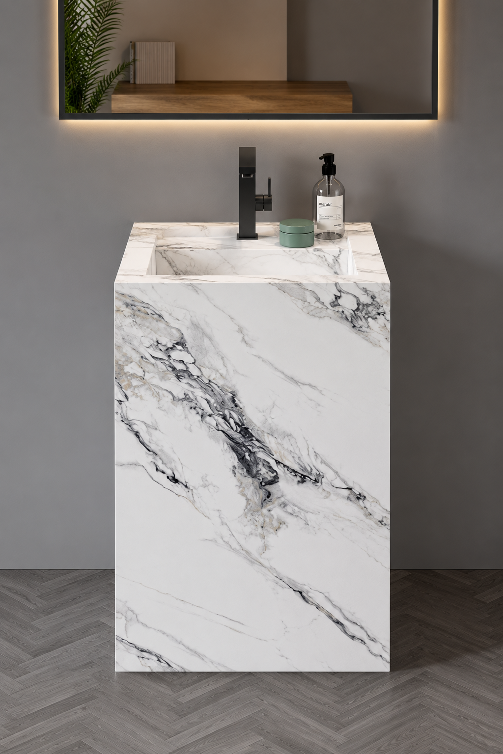 Antique Statuarioo Luxury Marble-Look Freestanding Bathroom Sink, Monolithic Pedestal Column – NACS Collection