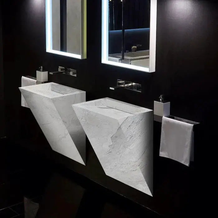 Handcrafted Triangle Wall Mount Bathroom Sink White Marble