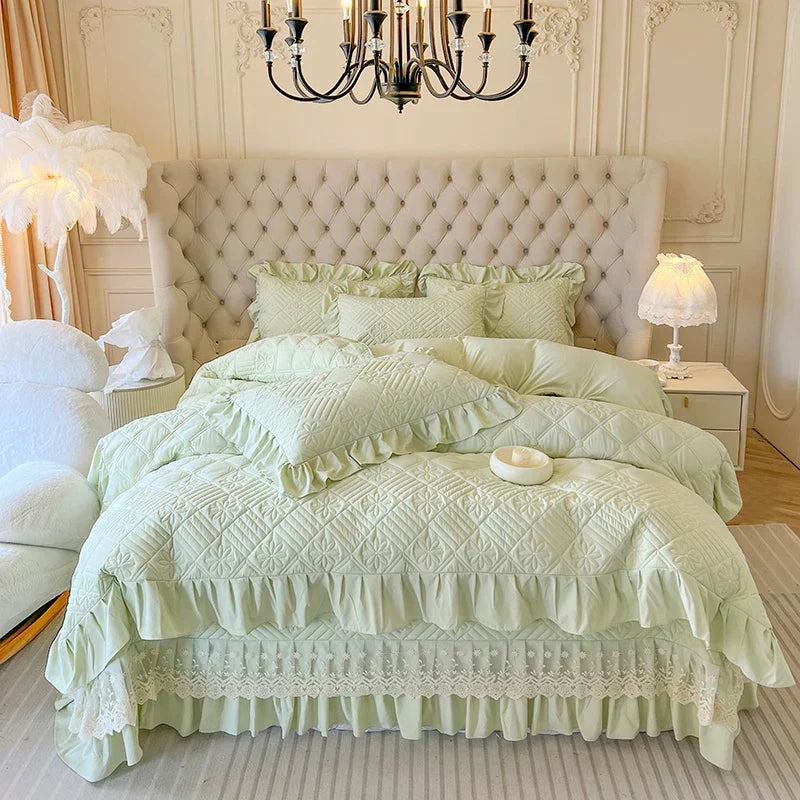 ™ Korean Princess Style Quilted Bedding Set with Lace Ruffles 200x230cm