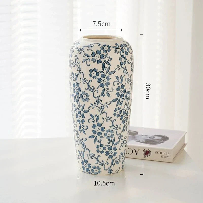 DecorBites™ Blue & White Ceramic Vase, Ice Crack Flower Arrangement, Living Room Décor & Planting