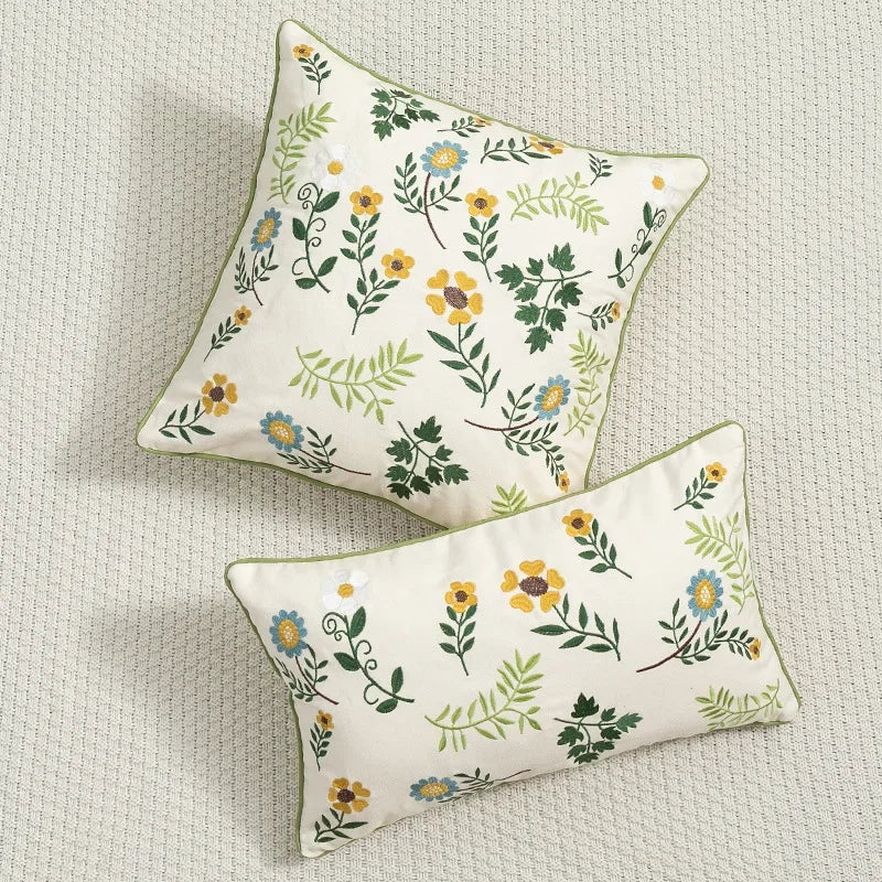 DecorBites™ Botanical Floral Embroidered Cushion Cover - Country Style Decorative Pillowcase