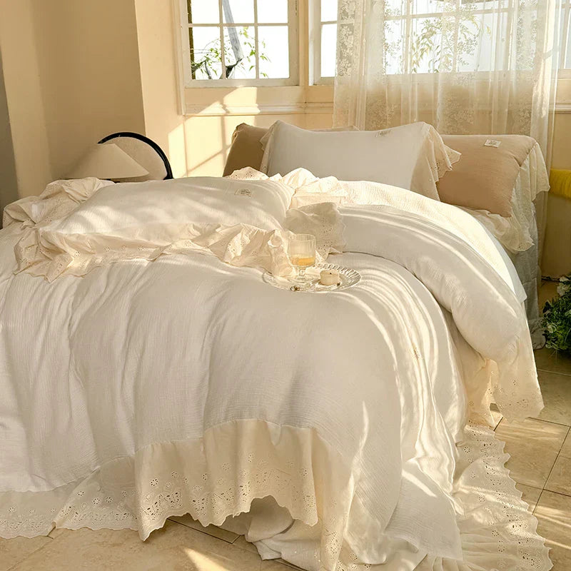 DecorBites™ Lace Ruffles Princess Wedding Bedding Set in Pure Cotton Skin-friendly Fabric