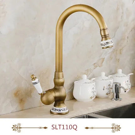 DecorBites™ Antique Brass Swivel Spout Kitchen Faucet Single Handle Vessel Sink Mixer Tap