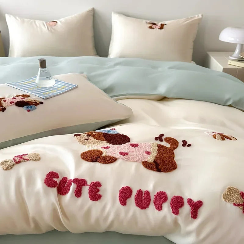 DecorBites™ Cartoon Embroidery Cotton Bedding Set - Summer Cool, Skin Friendly Flat Sheet Kit