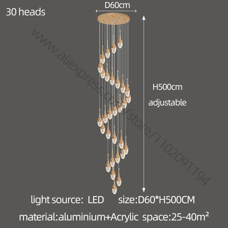 DecorBites™ Gold LED Staircase Chandelier: Elegant Luxury Large Pendant Lamp for Living Room
